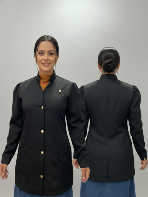 Jaleco Mara Feminino Alfaiataria – Acinturado com botões dourados | Linha Clássica